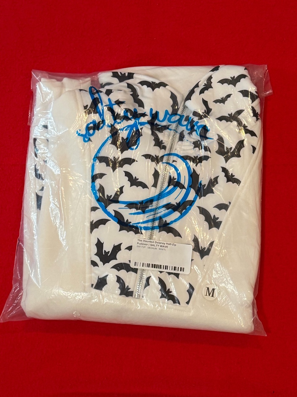 White Woman’s Hoodie with Black Bat Print! Halloween ready Super soft! Qtr Zip